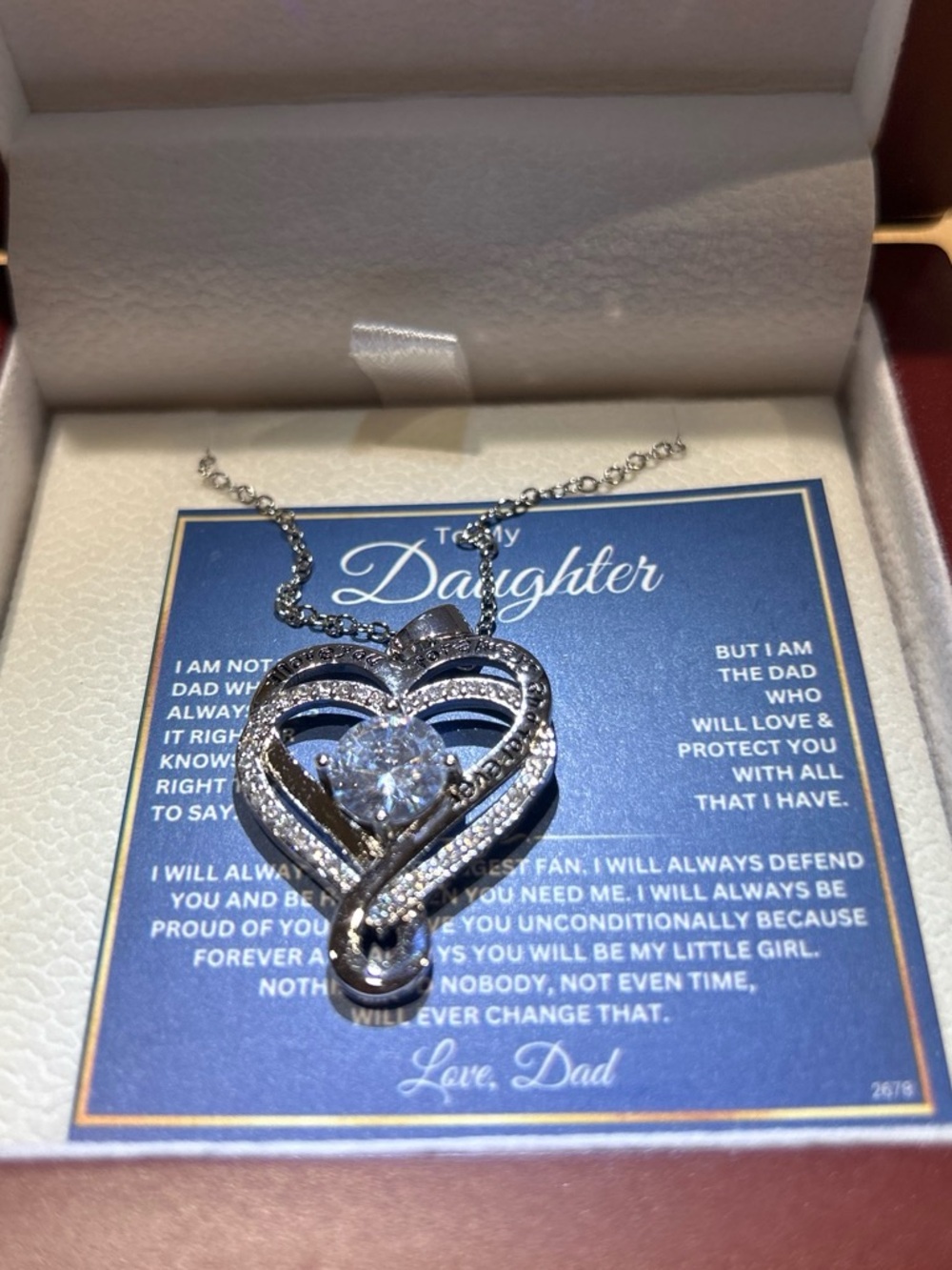 Silver color Heart Pendant Necklace with Clear Center Stone - Daughter